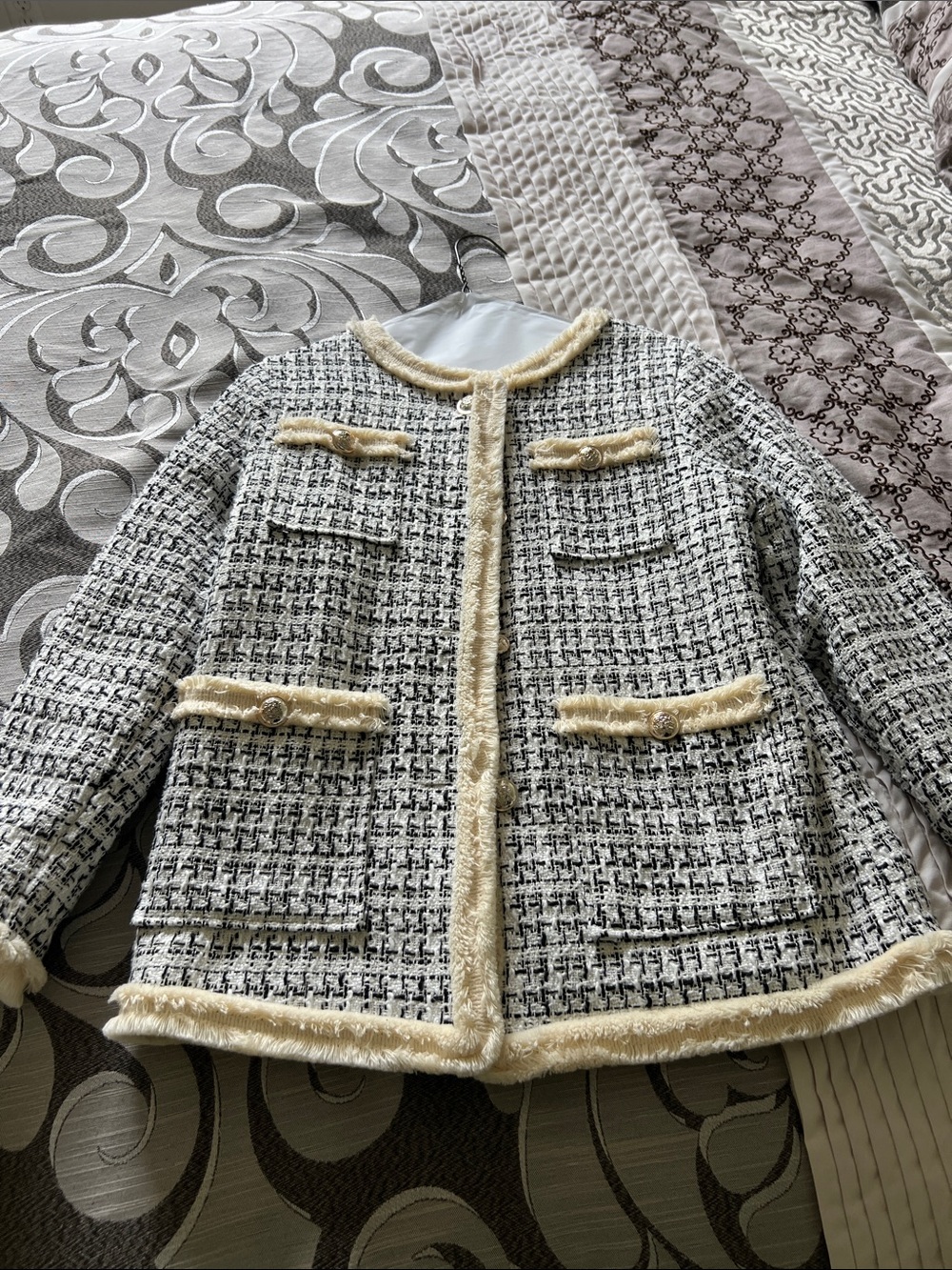 Sandro Style Black-and-Cream Tweed Fringe-Trimmed Cozy Jacket